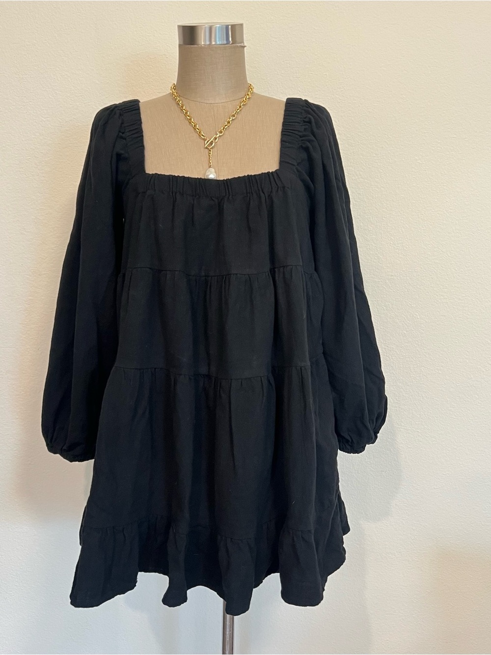 Square Neck Long Sleeve Tiered Mini Dress / Tunic - Black